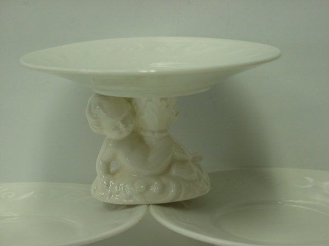 CHERUB CUPCAKE STAND / shabby cottage chic vintage china cupcake stand / upcycled plate