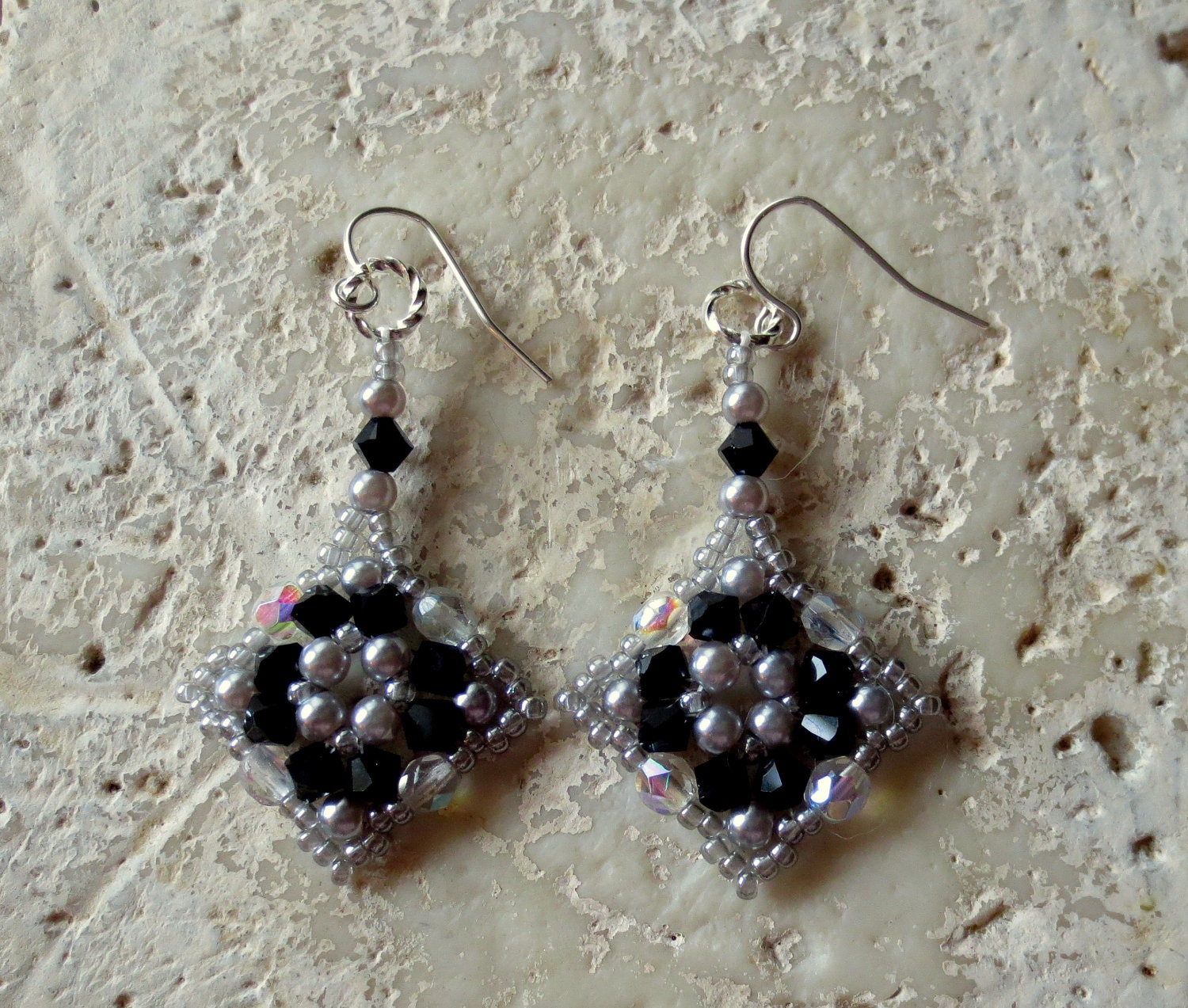 Black Swarovski Crystal and Gray Pearl Square Motif Earrings on Silver Ear Wires