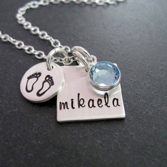 Hand Stamped Square Necklace - Personalized Jewelry for Moms with Birthstones