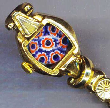 Adjustable Steampunk Bracelet. Upcycled/Recycled Stretchy Watch Band. Red White Blue Millefiori - Kaleidoscope by enchantedbeas on Etsy