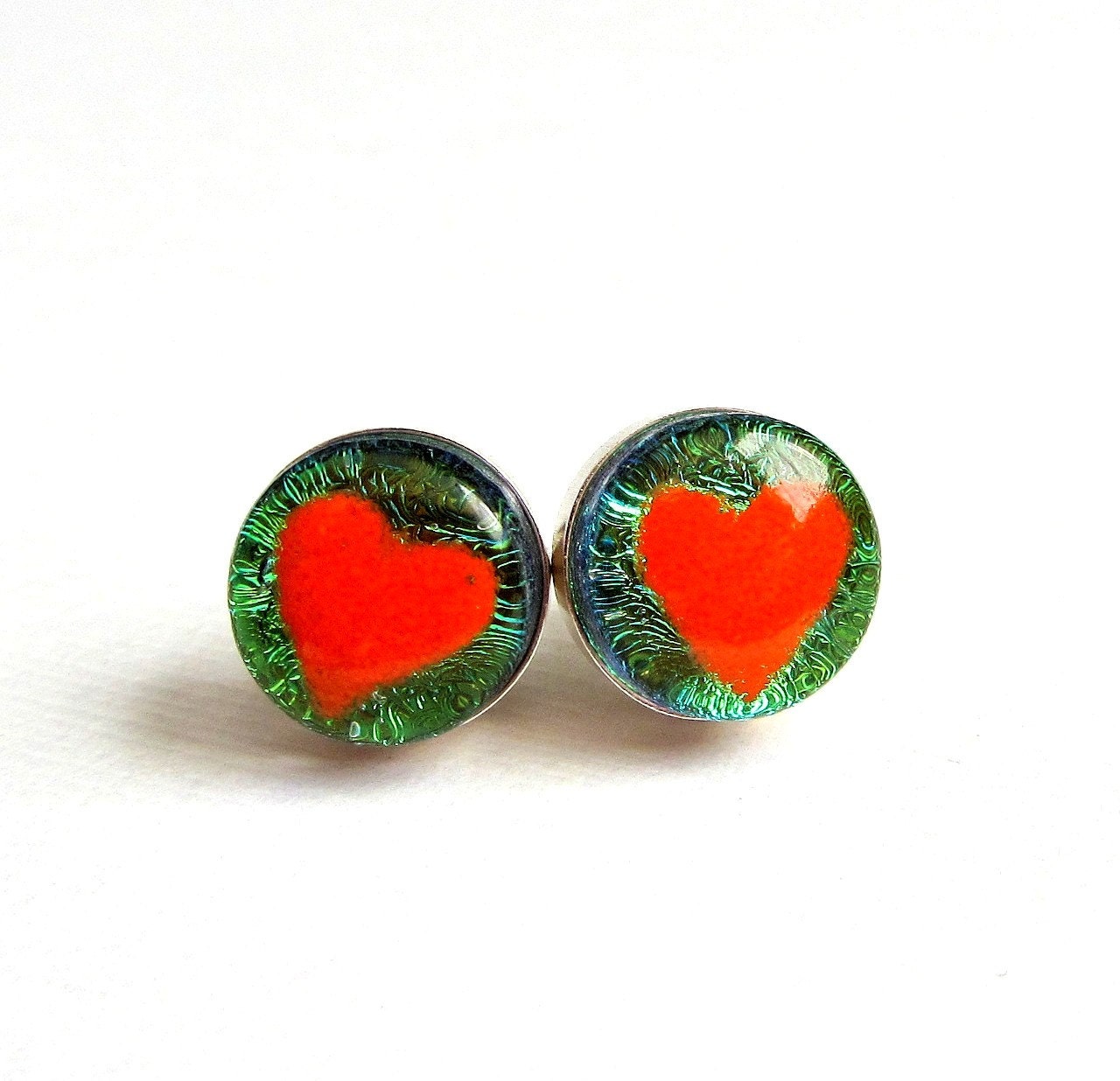 Orange Hearts on Sparkly Green Fused Glass and Sterling Silver Earrings
