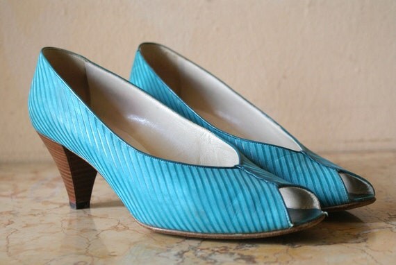 Teal On Teal Striped Leather and Suede Open Toe Pumps 8