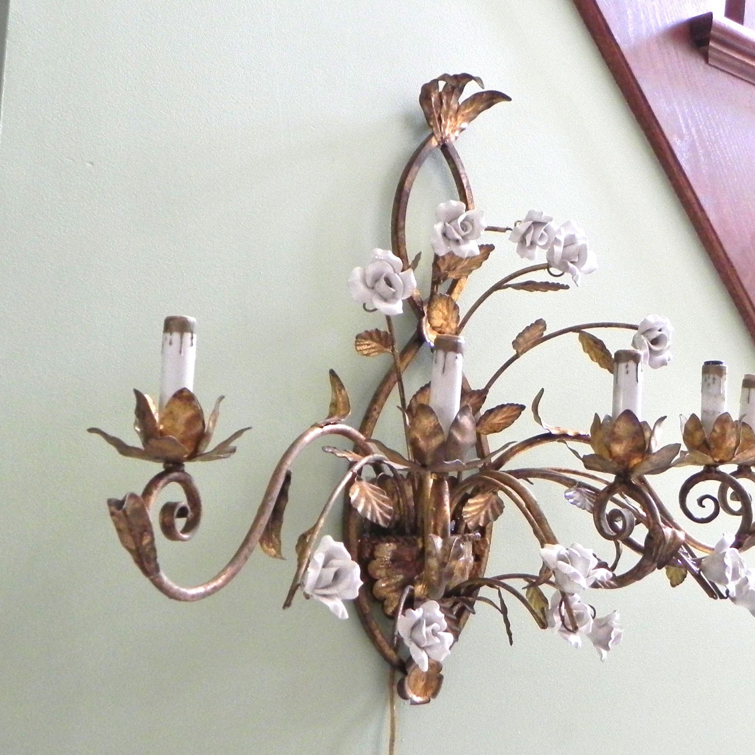 Vintage Italian sconce - large gilt gold and white enamel roses - dining room elegance Hollywood Regency electric bulb
