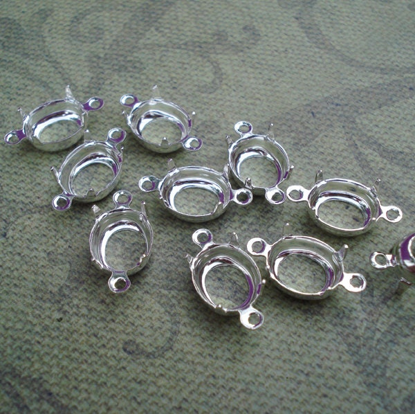8x10mm Silver Plated Brass 2 Ring 4 Prongs Open Back Oval Settings for your Cabs or Jewels (6 pieces)