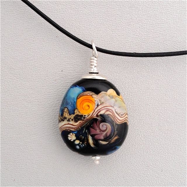 Lamp Work Glass Bead Pendant with Leather Cord. Abstract.