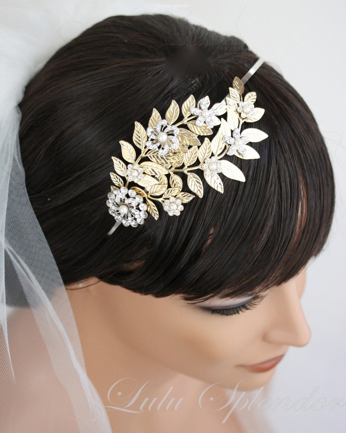 Bridal Headband, Leaves and Rhinestone flowers, Gold and Silver Rhodium Mixed Metal, Wedding Hair Accessories, Eliana Garden