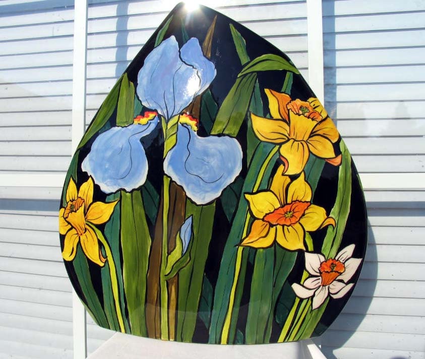 Unique Handpainted Ceramic Triangle Vase Spring Flowers Tulips Daffodils Iris