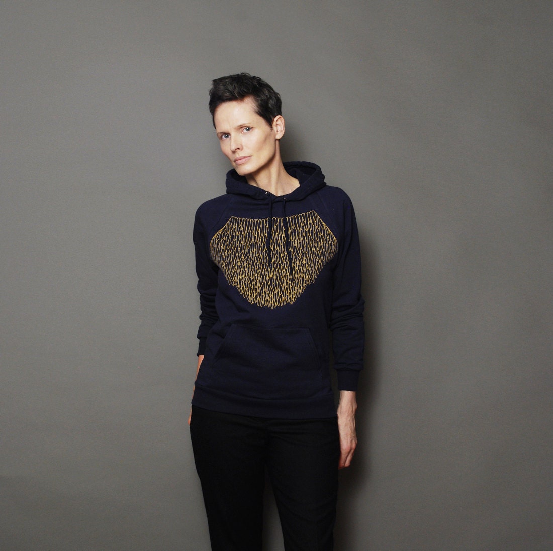 SALE - Womens Fashion Hoodie Navy Blue Pullover Hoodie with Gold Lace Geometric Print - Midnight Blue Long Sleeved Sweatshirt