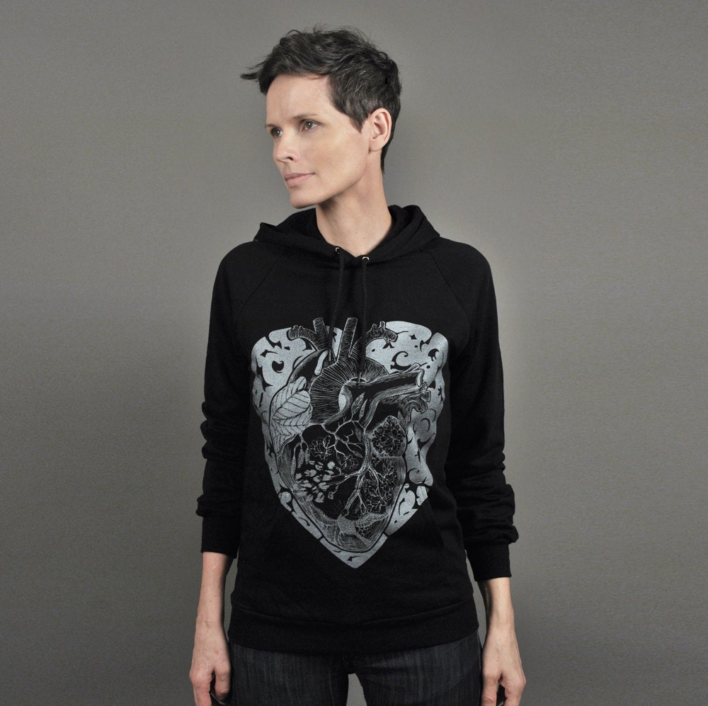 Spring Fashion - Anatomical Heart Hoodie - Black Sweatshirt -  Anatomy Heart Bird Flower Leaves