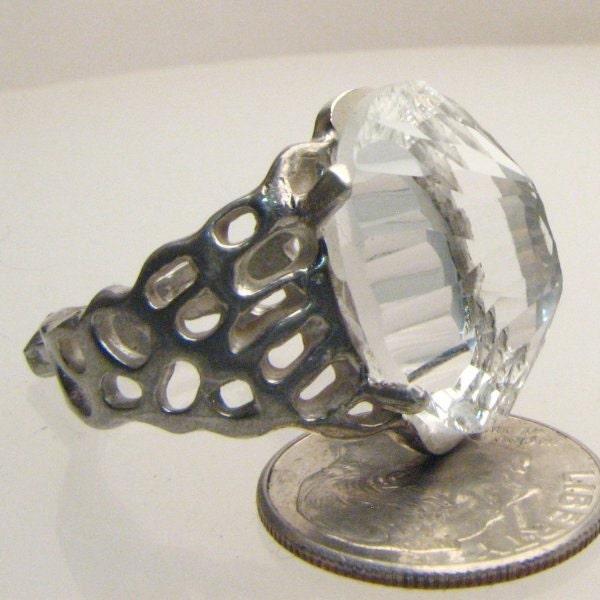 Handmade Sterling Silver Concave Cut Diamond Quartz Lava Ring