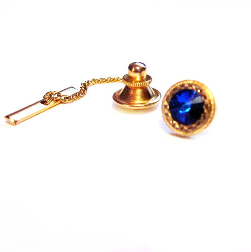 Retro Rhinestone Tie Pin, Blue Rivoli Glass