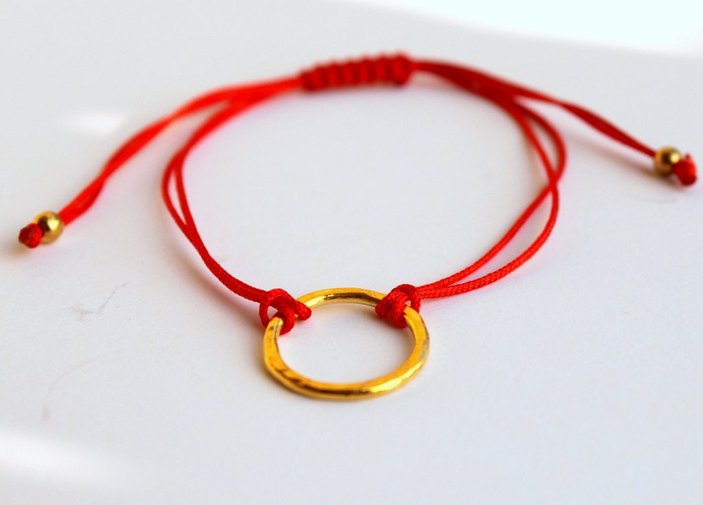 Friendship Bracelet Red Hammered Gold Karma Bracelet  Macrame Knot