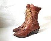 Vintage Brown Leather Feather Stitched Roper Boots. Size 8 1/2