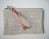 Simple Clutch Bag, Linen Clutch, Wristlet Purse, Neutral, Oatmeal Linen and Leather for Women.