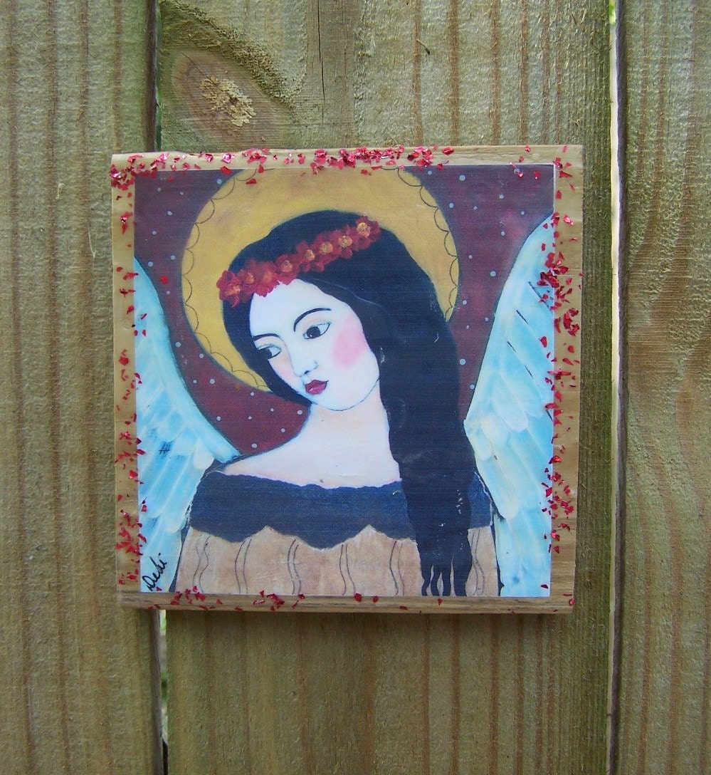 Folk Art Angel Reproduction Print mounted on woddblock ( 5.5" x 5.5" inches)