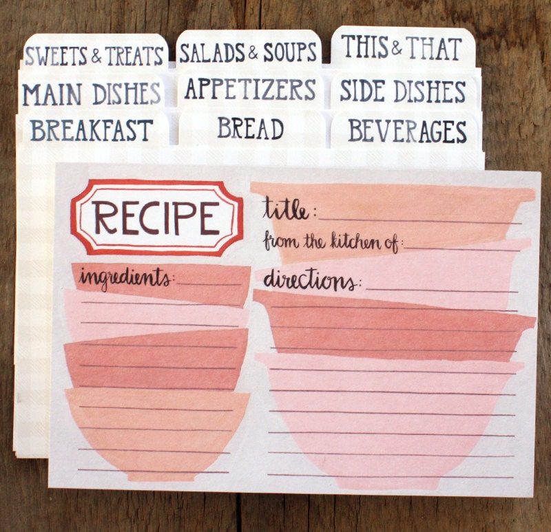 Pink Mixing Bowls Recipe Cards Set of 50 WITH DIVIDERS