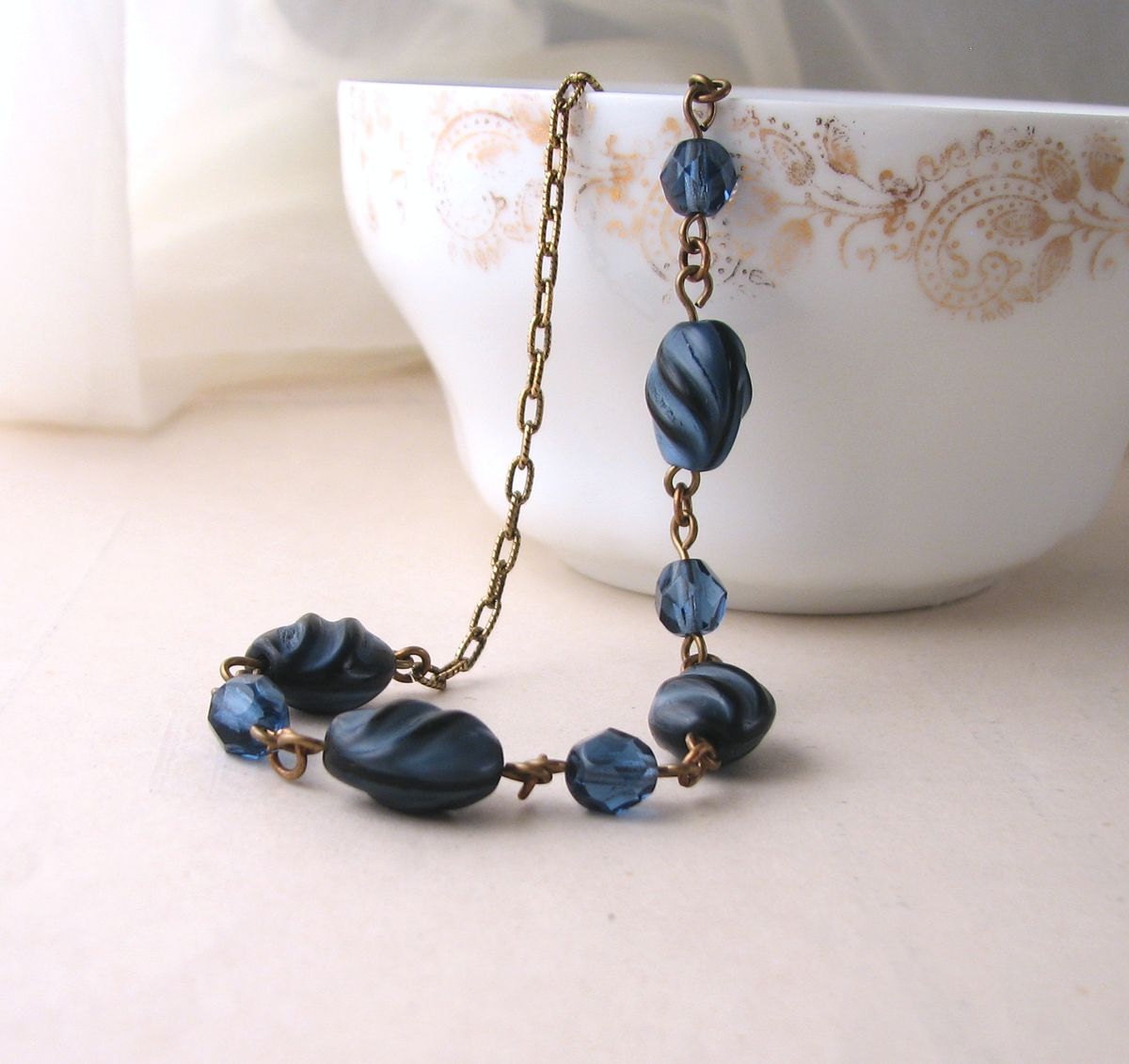 September Birthstone Black and Blue necklace with vintage sapphire blue glass - shadowjewels