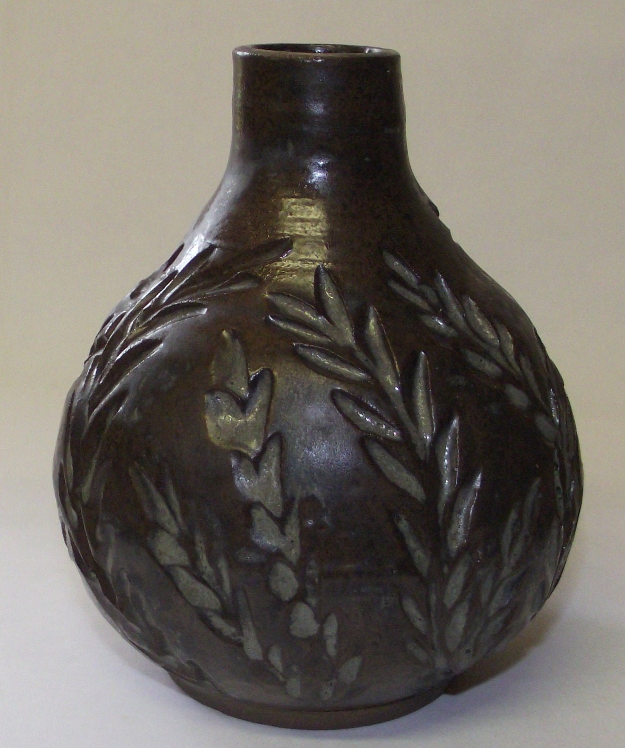 Matte brown and green ceramic bottle or vase