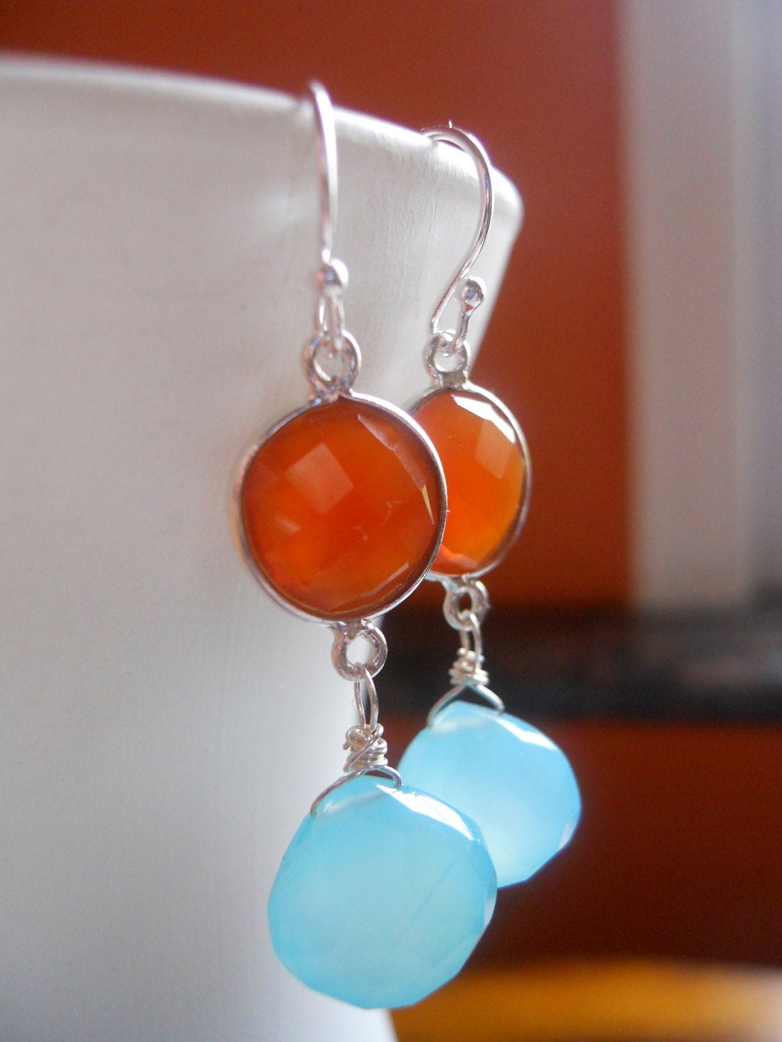 Happy orange carnelian and aqua chalcedony earrings - $58.00 USD