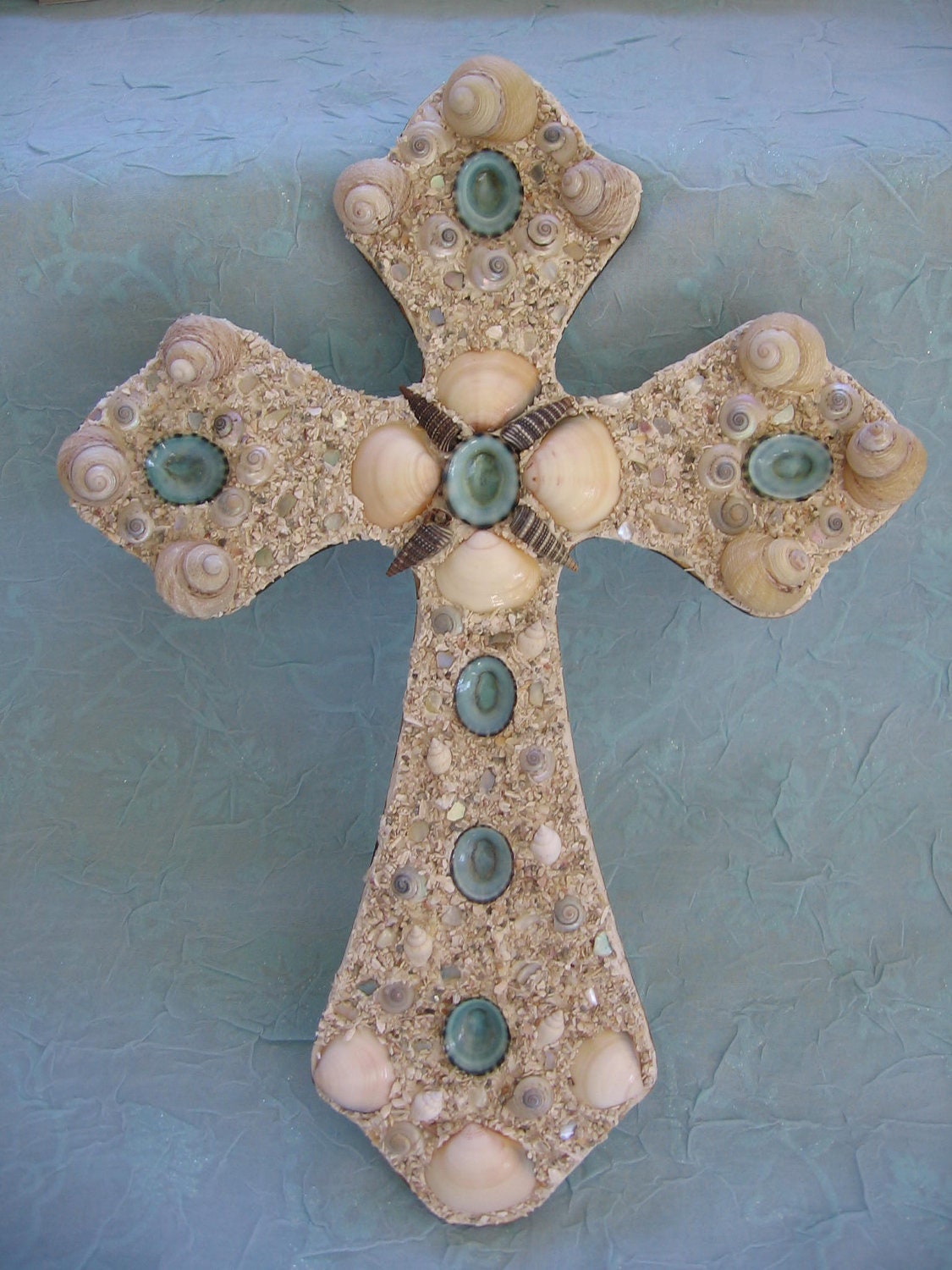 Original Seashell Wood Cross - Cream and Aqua