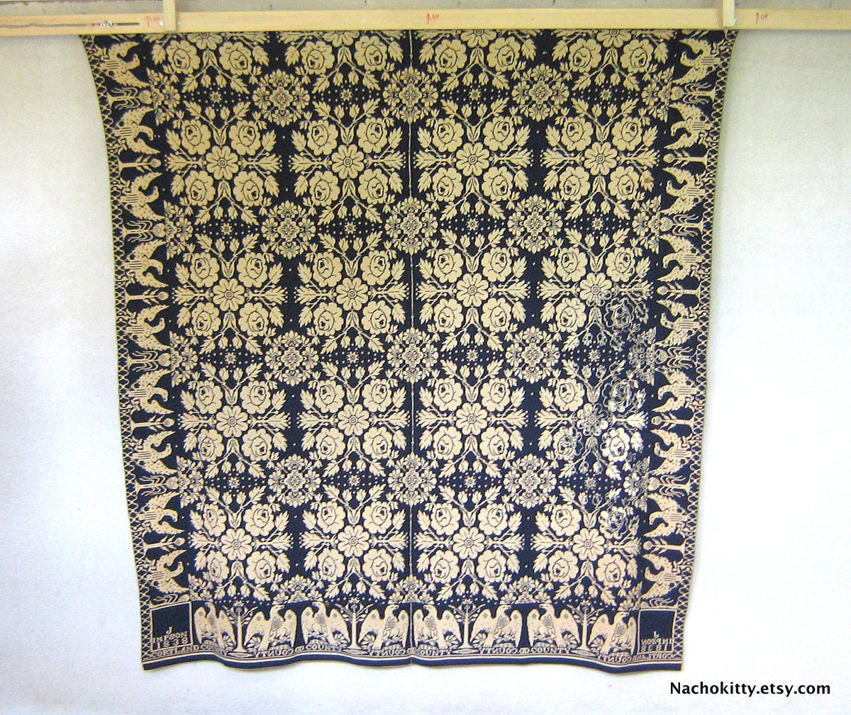 1838 Hand Loomed Coverlet Blanket Dated, New York State, Indigo & Cream