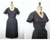 1950s dress / 50s grey dress / 1950s cotton pinstripe dress / 50s pinstripe dress / Monochrome Pinstripe dress