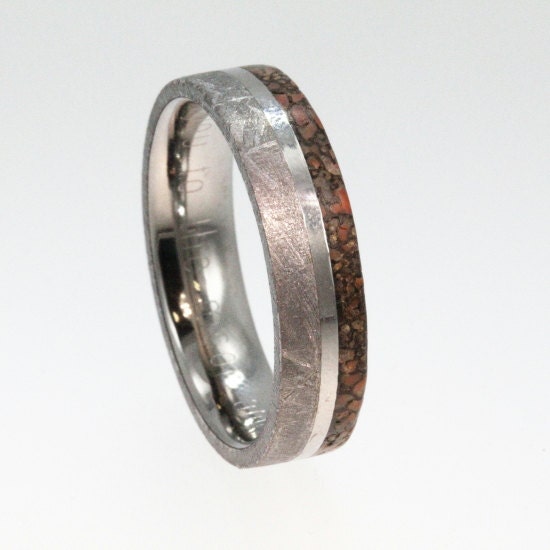 Meteorite Ring with Dinosaur Bone and Titanium Pinstripe Inlay on Titanium Band - Engraving Available