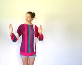 vintage 1980s colorblock sweater. L / XL stripe tunic top. Fuschia teal aqua wine. Abstract retro / the FRUITLOOPS pullover