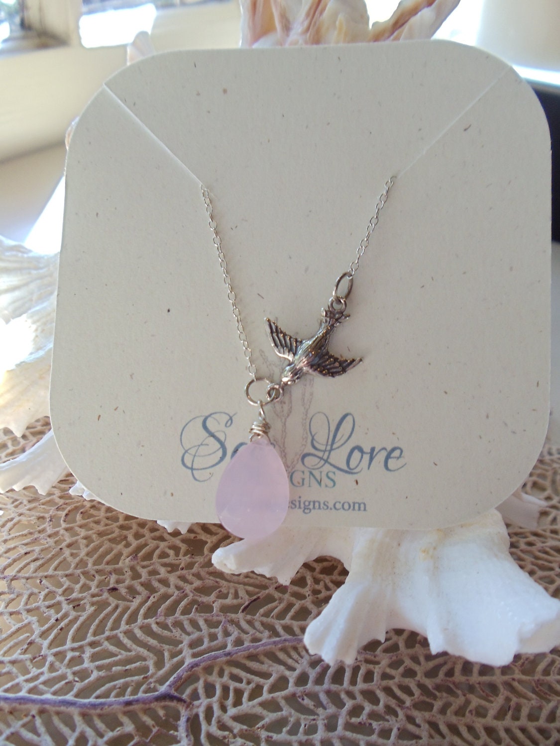 HOPE Necklace, dove necklace, silver necklace, pink chalcedony necklace