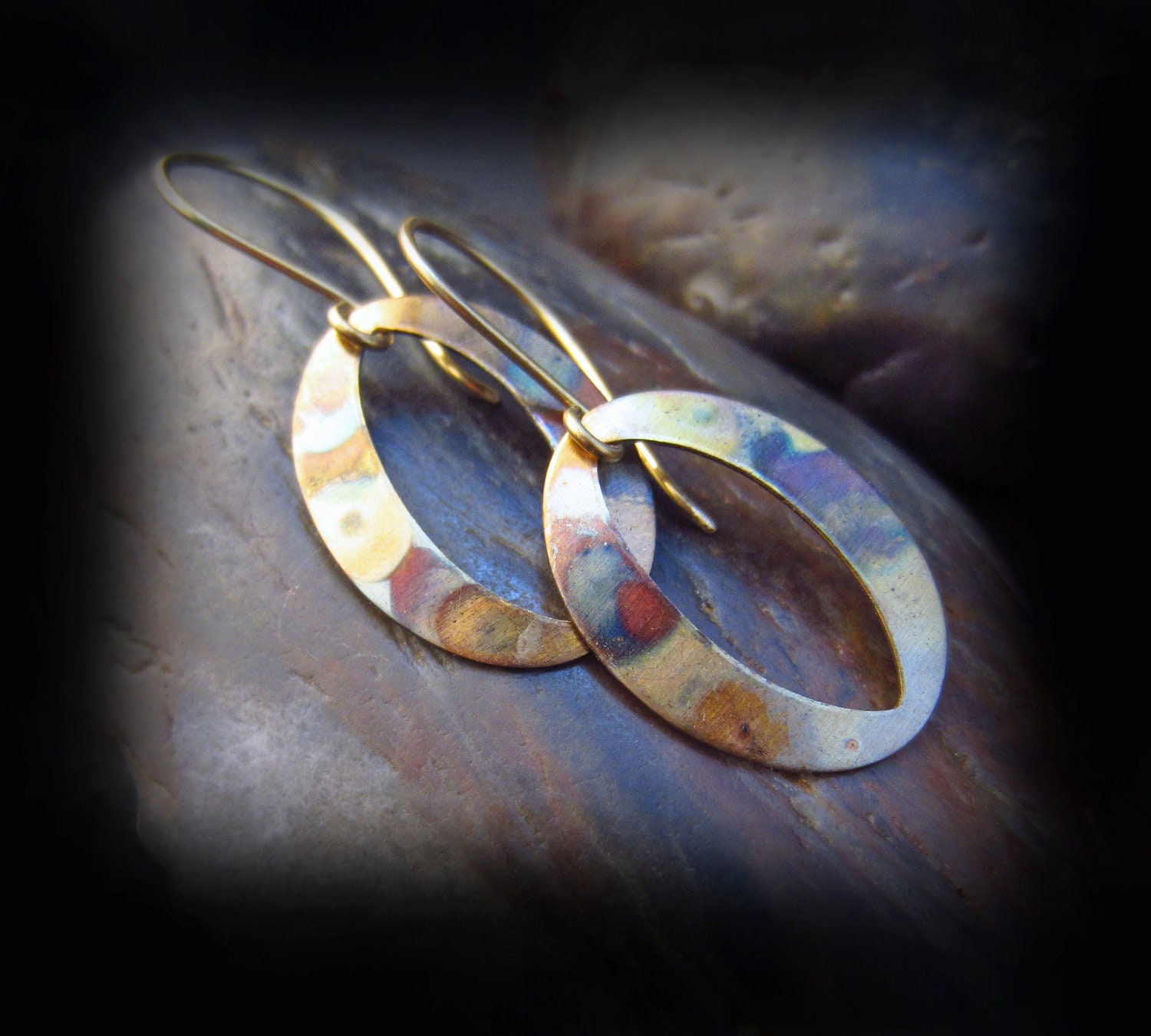 PAINTED OVALS earrings of torched brass hoops on artisan wires