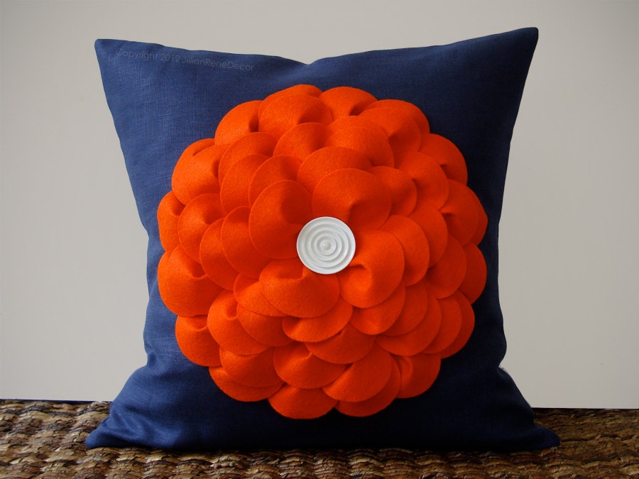 Orange Flower Pillow Cushion in Navy Linen with White Button Center by JillianReneDecor Bright Home Decor Tangerine Tango