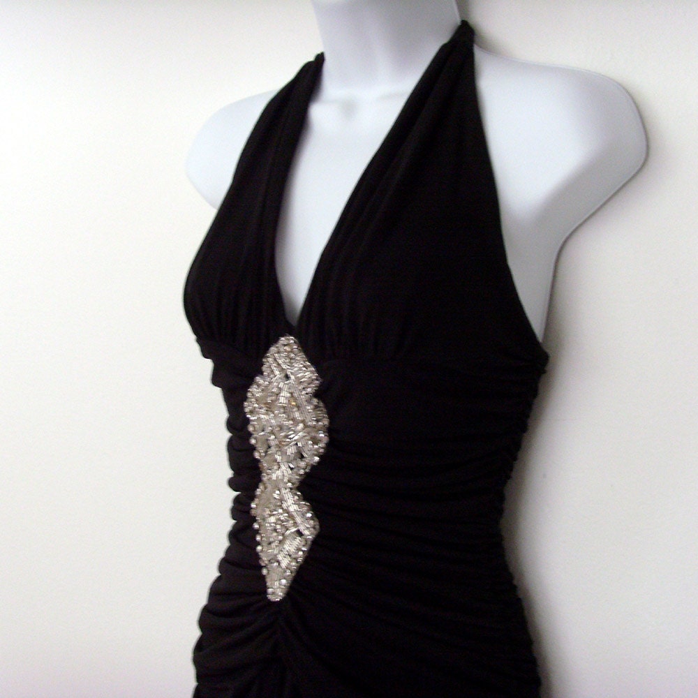 Vintage Black Halter Dress / 1980s Evening Gown / Cocktail Party Dress / Cache Fashion / Size 2 / Made in USA / Rhinestone Beaded Ruched
