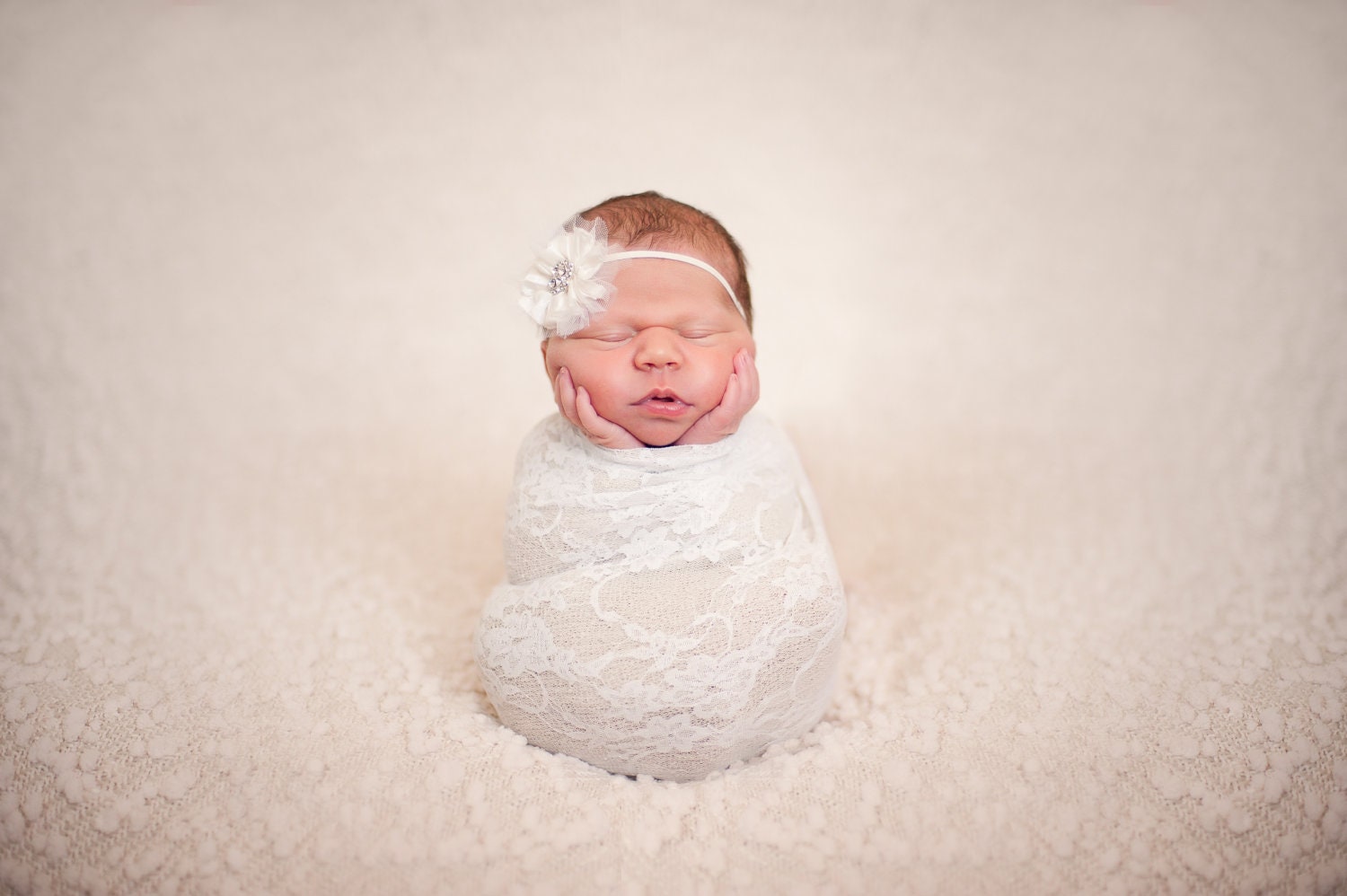 SALE...Soft Cream Lace Newborn Stretch Lace or Knit Wrap Photography Prop
