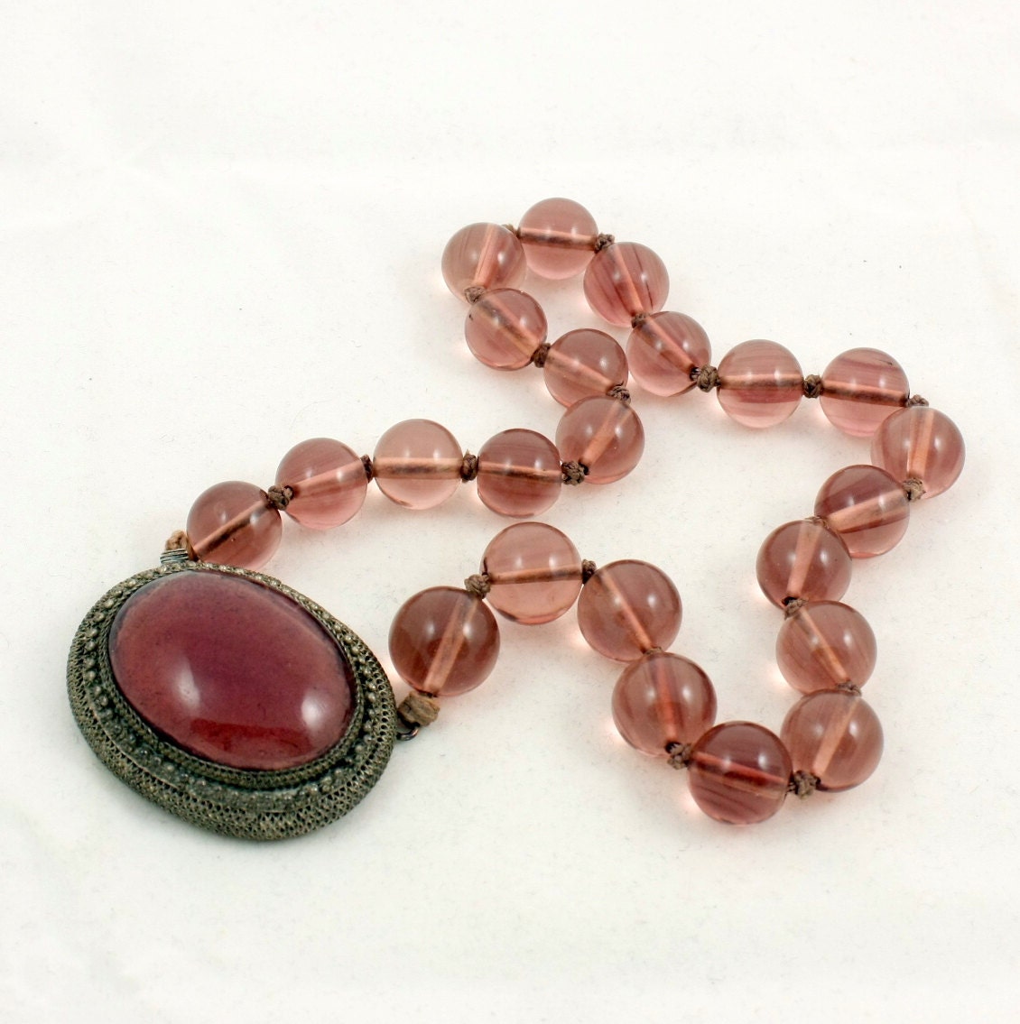 Antique Edwardian Mauve Glass Bead Choker Necklace with Clasp Pendant