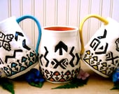 Personalized 3 Piece Tribal Mug Set - Custom HandMade Groomsmen, Best Man & Groom Wedding Table Settings - Beer Steins, Large Coffee Cups