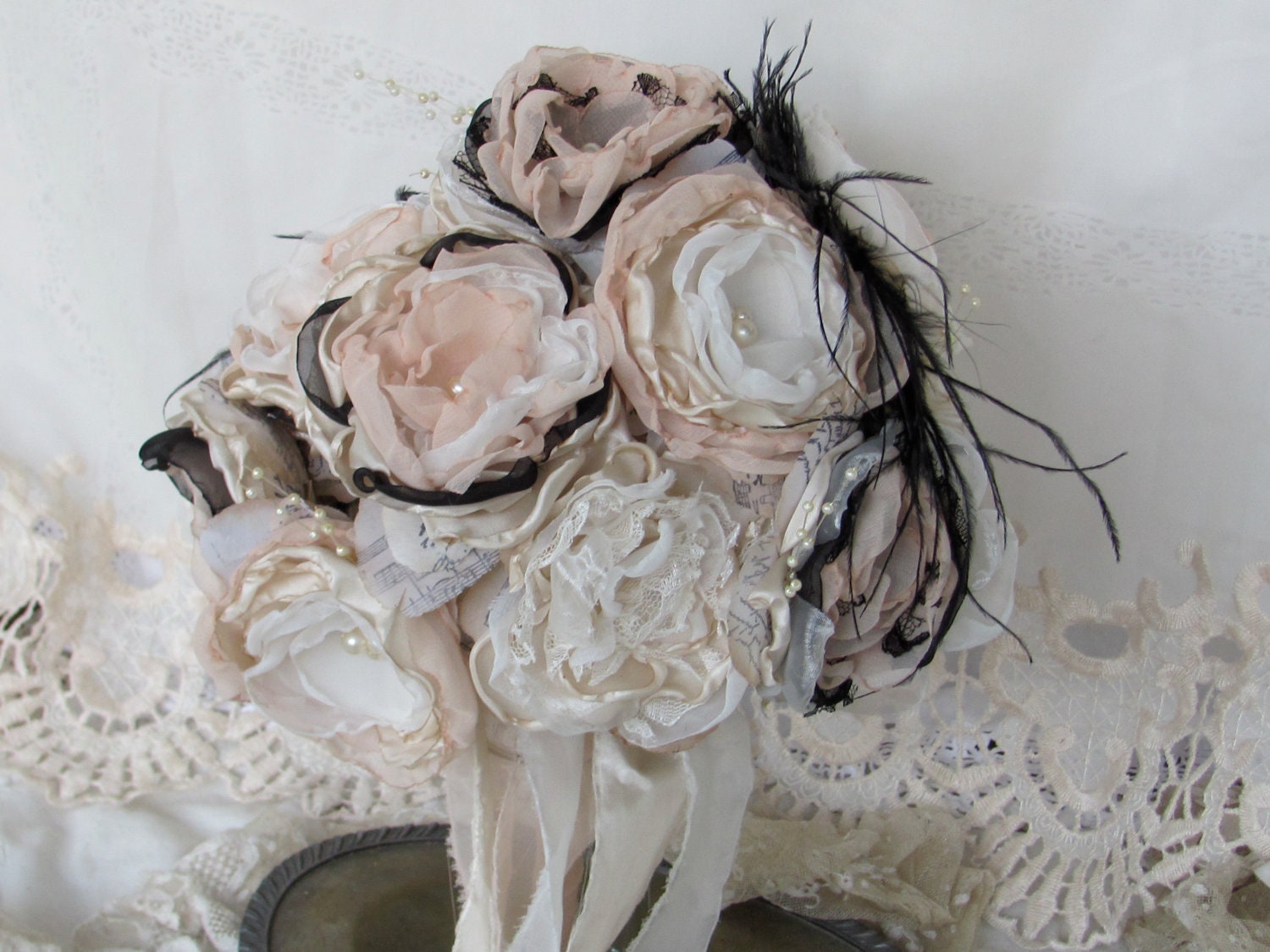 Vintage Inspired Wedding Bouquet With Ostrich Feathers  Custom Order any color