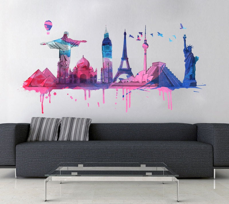 World Travel Watercolor decal for housewares - L size
