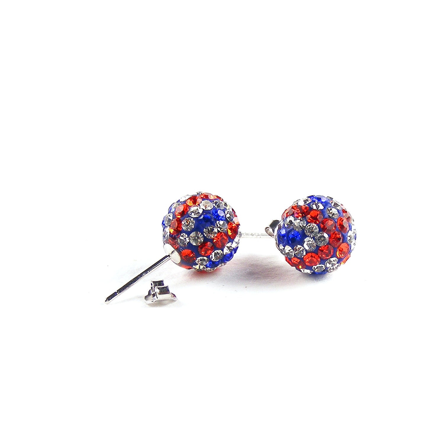 Union Jack Earrings, British Flag Jewellery, Crystal Rhinestone Stud Earrings, UK Flag Red White Blue Disco Balls