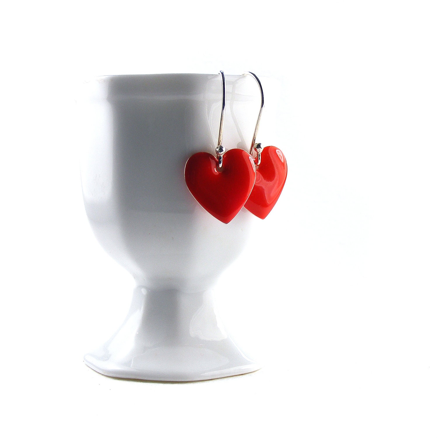 Red Enamel Hearts Earrings, UK Handmade Sterling Silver Dangly Earrings
