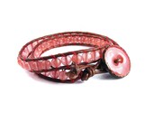Beaded Leather Wrap Bracelet, Handmade Bronze Leather & Cherry Quartz Cuff, Double Wrap Leather Bracelet