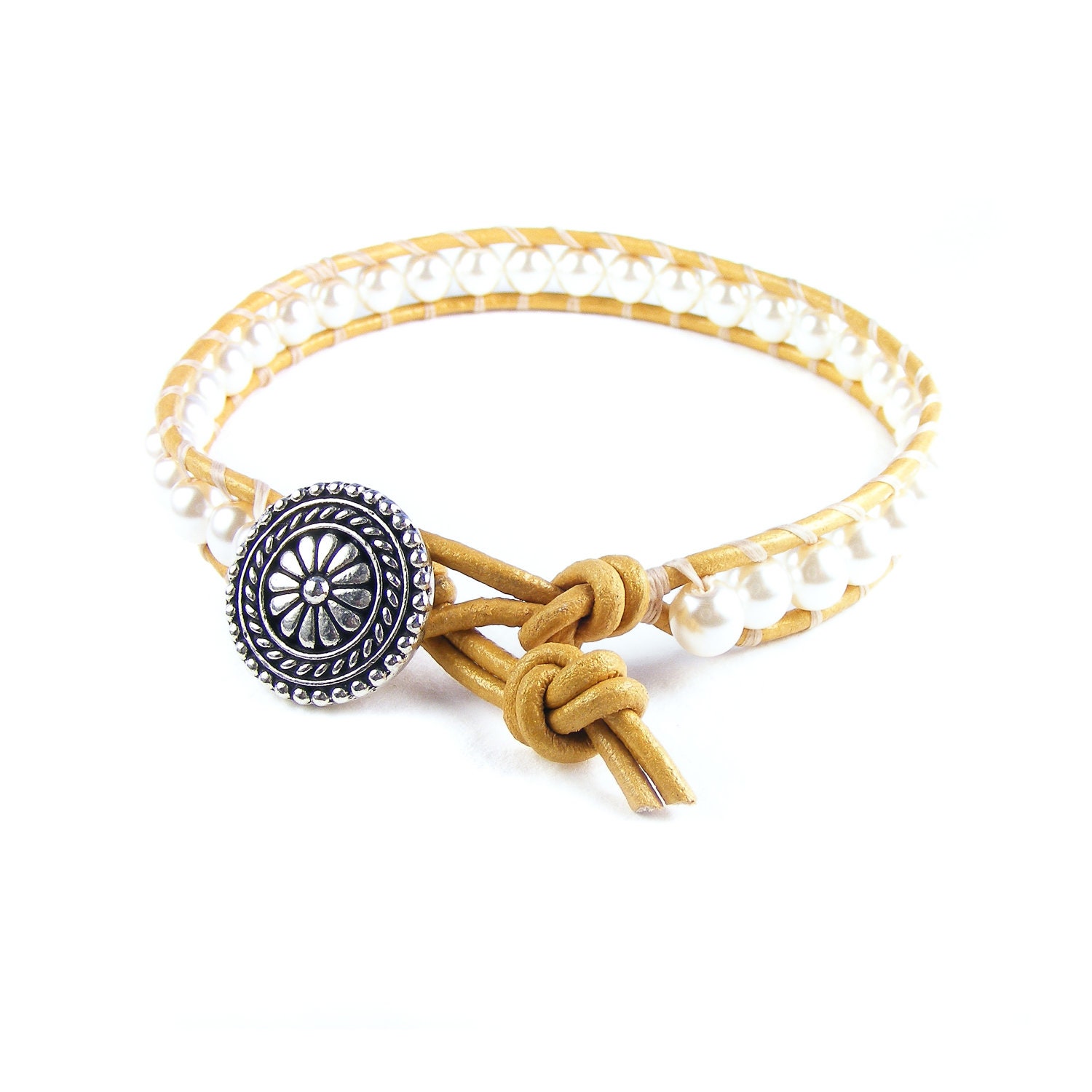 Beaded Leather Wrap Bracelet, Handmade Gold Leather & White Pearl Cuff, Single Wrap Leather Bracelet