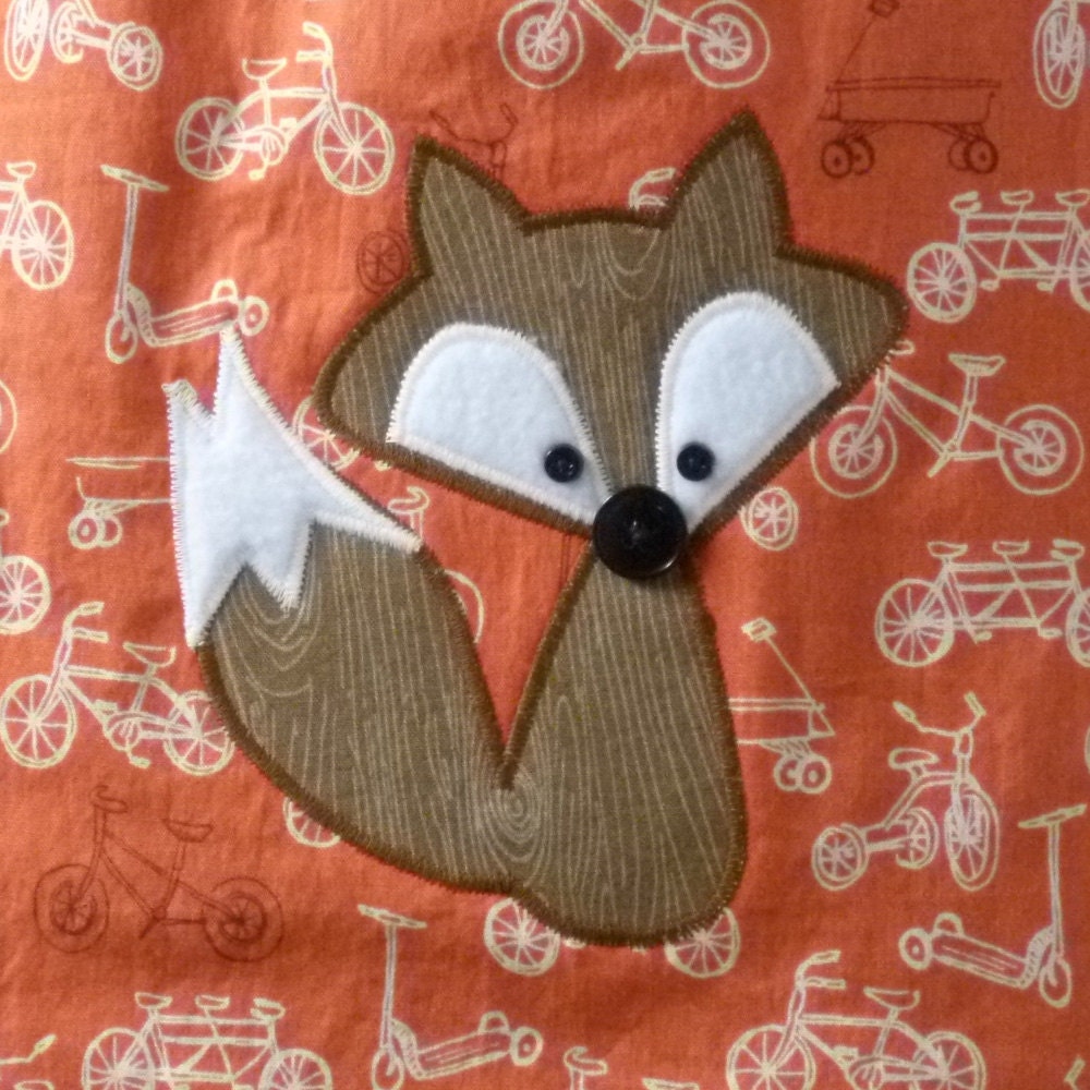 Fox Baby Bib on Orange Bicycles - Appliqued Bib with Snaps