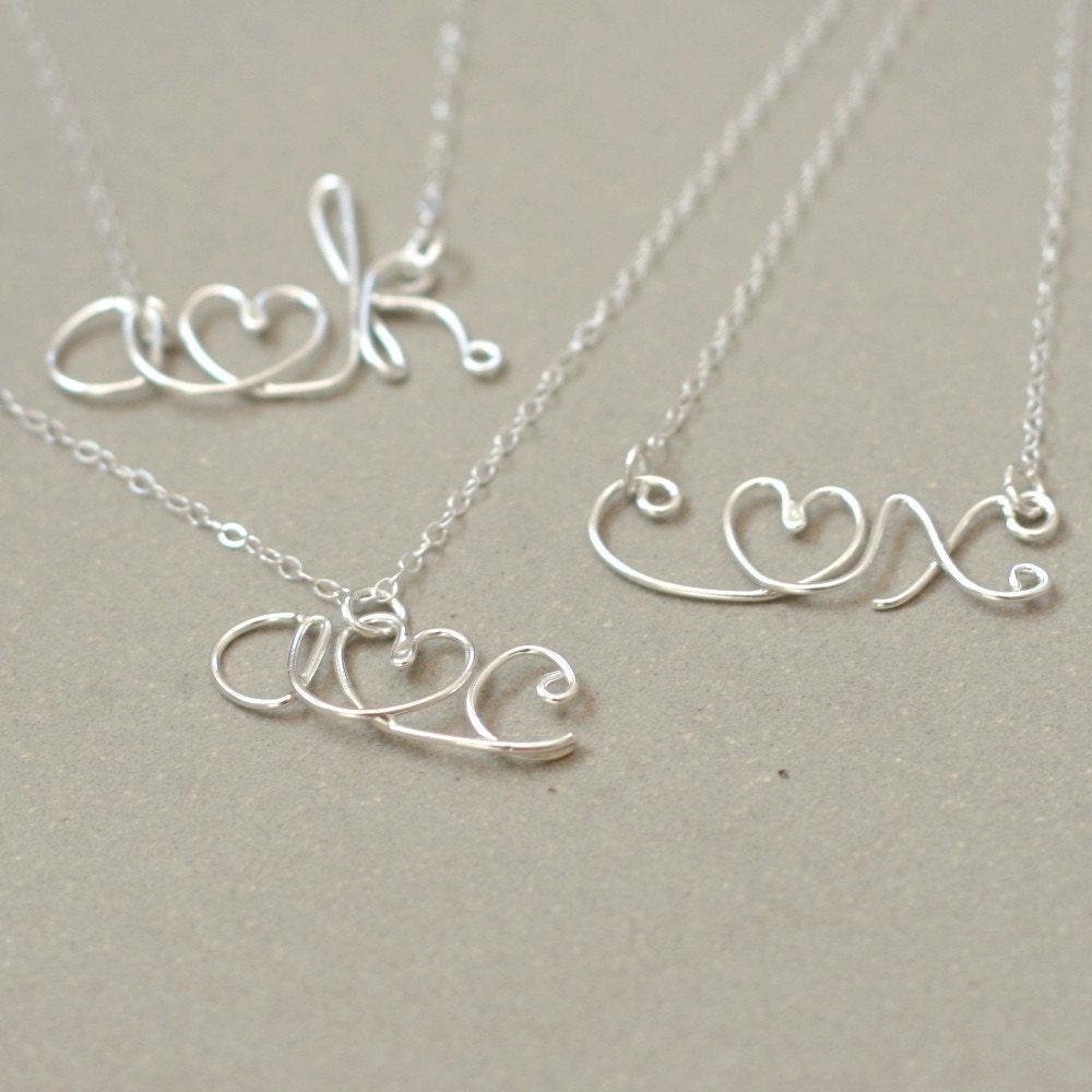 initial necklace. two initials monogram heart necklace. silver love letter. lovers personalized initials. boyfriend girlfriend NECKLACE.