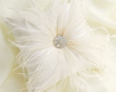 Ivory Silk Dupioni Ring Bearer Pillow with Ostrich Feather Accent and Vintage Rhinestone Button