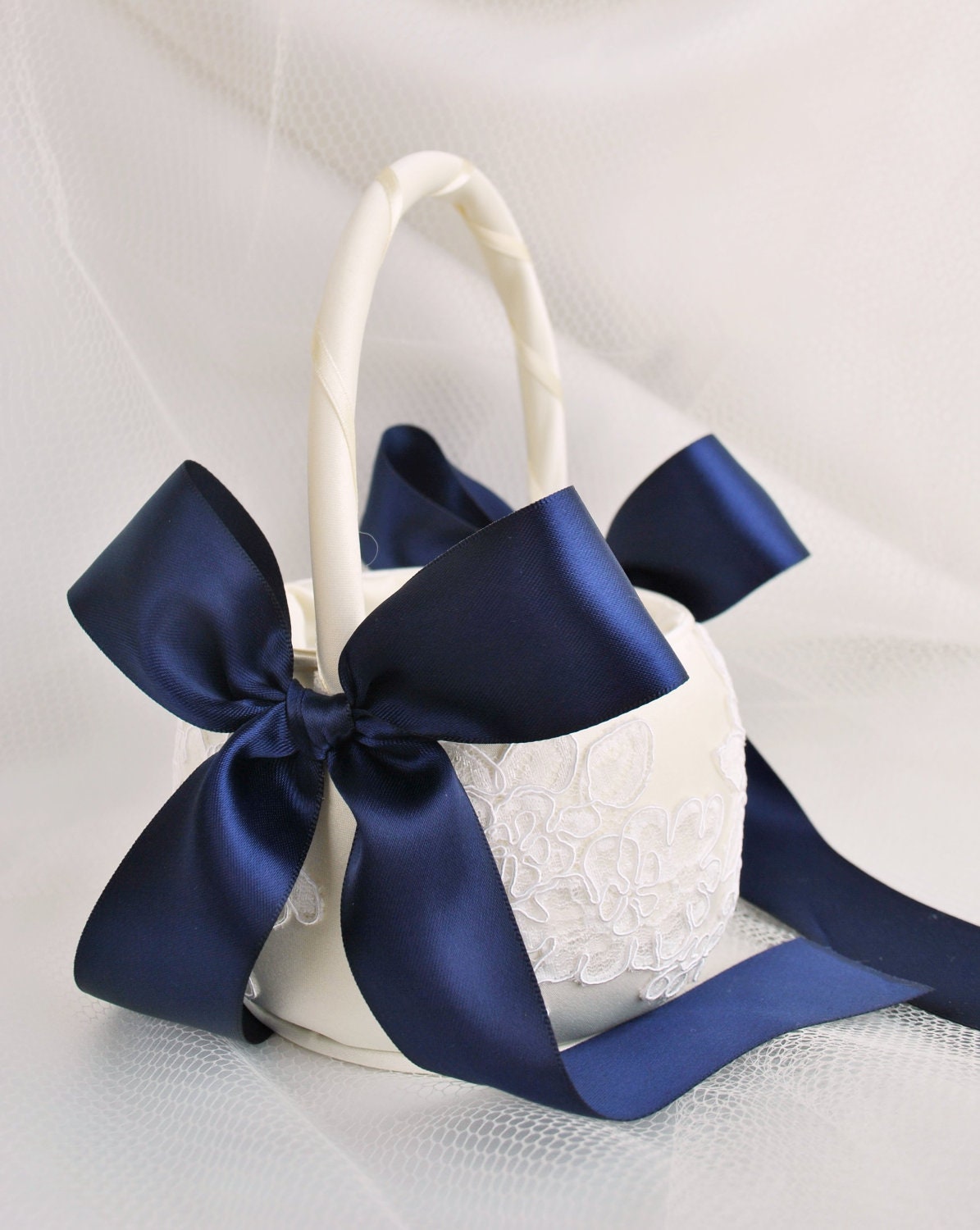Navy and Ivory Flower Girl Basket - Alencon Lace Flower Girl Basket