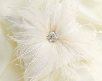 Ivory Silk Dupioni Ring Bearer Pillow with Ostrich Feather Accent and Vintage Rhinestone Button
