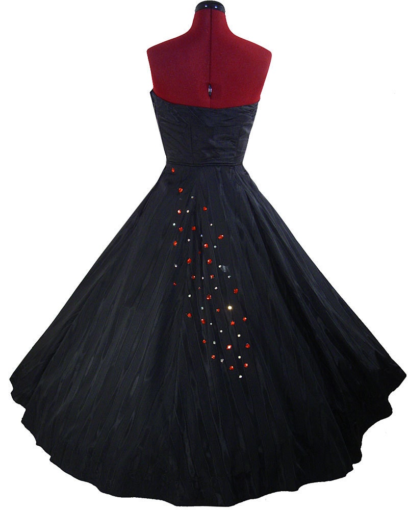 Dress Vintage 50s Black TAFFETA Full Skirt Prom PARTY Dress XS Strapless Red Cocktail