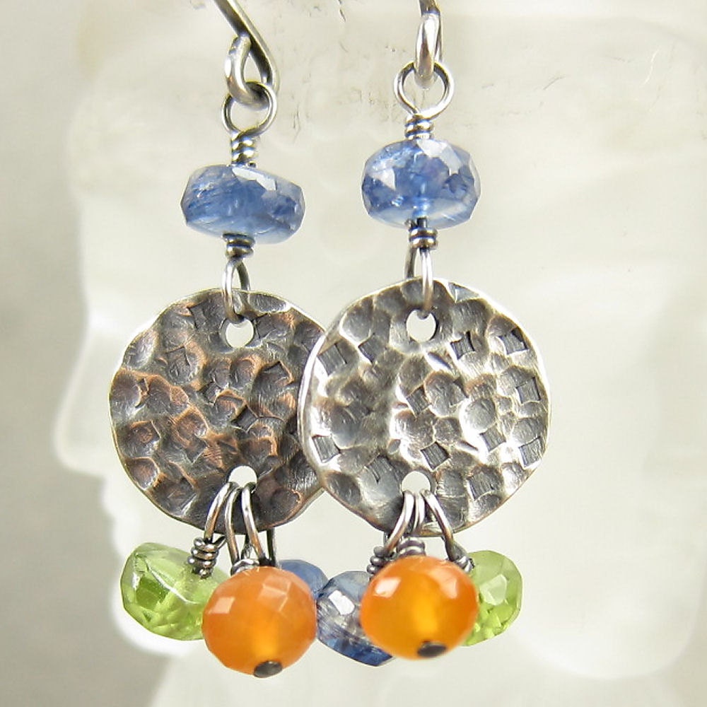 Hammered Silver Discs with Kyanite, Carnelian, and Peridot (A582)