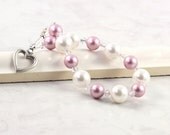 White Pearl Bracelet Pink Pastel Dusty Rose Mauve Crystal Bridal Jewelry Spring Fashion Sterling Heart Prom Jewelry