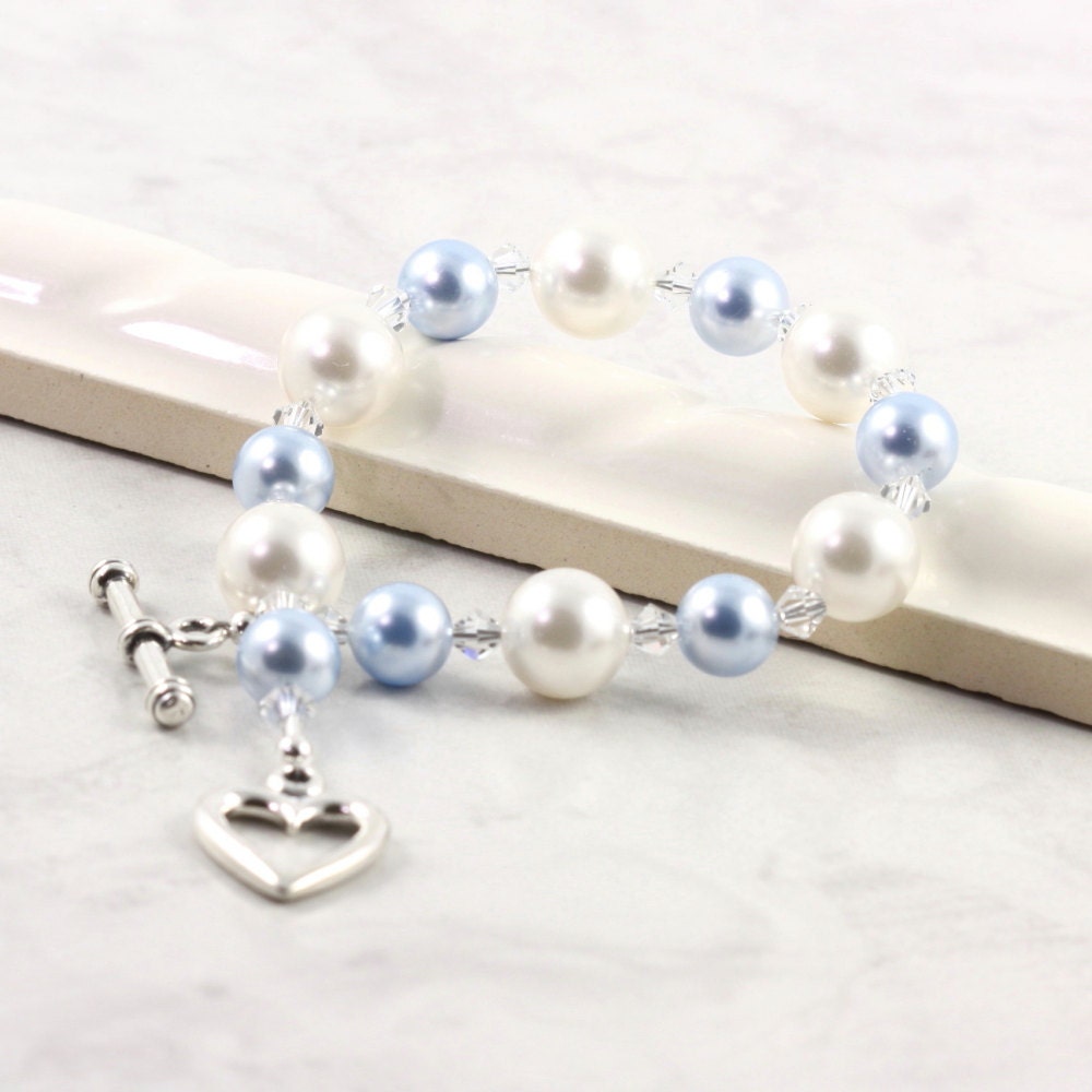 Blue White Bracelet Bridal Jewelry Pastel Pearl Crystal Summer Fashion Sterling Toggle Heart Clasp